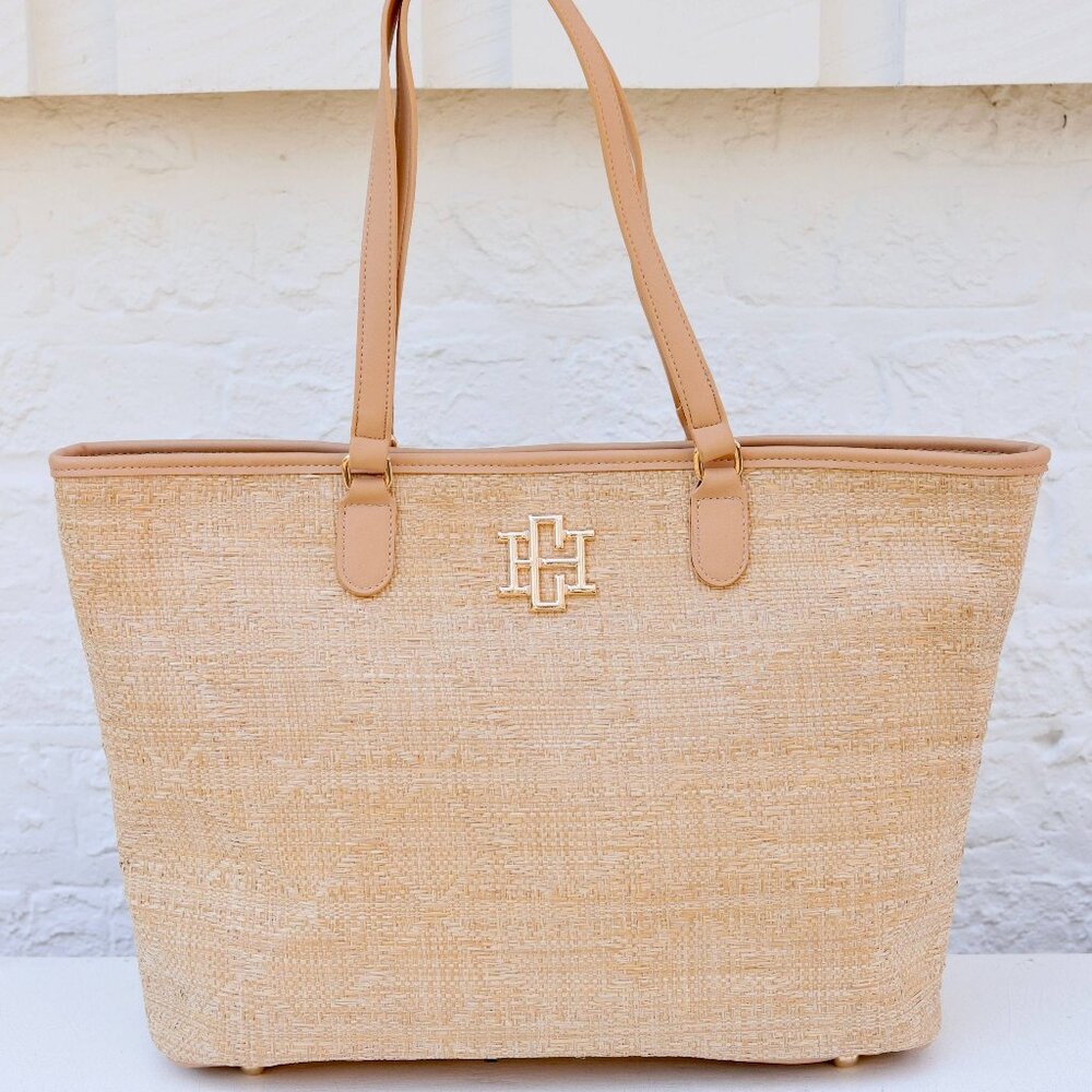 Neutral Straw Tote with Tan Trim and Gold Logo